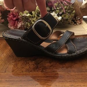 Black leather strapped wedged sandals